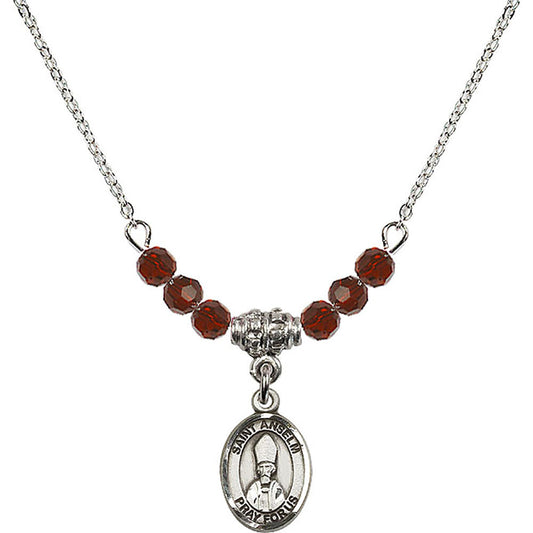 Sterling Silver Saint Anselm of Canterbury Birthstone Necklace with Garnet Beads - 9342