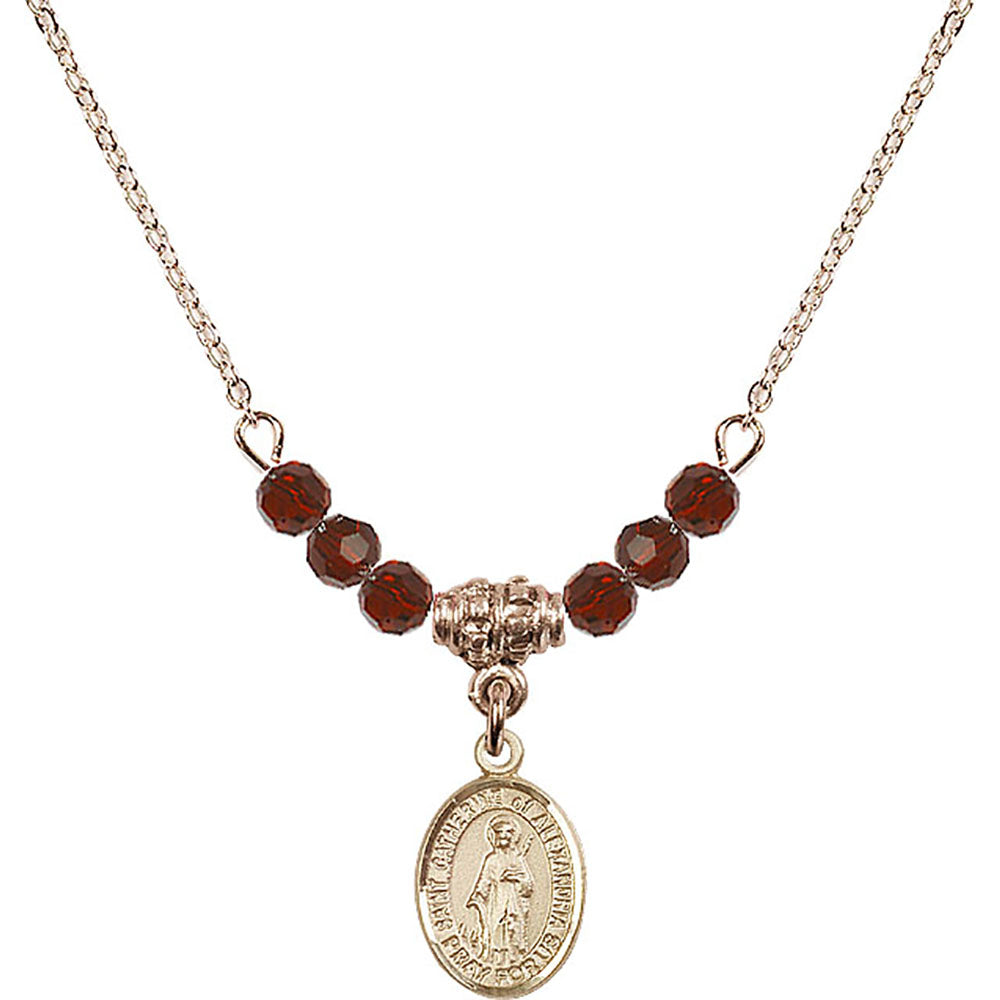 14kt Gold Filled Saint Catherine of Alexandria Birthstone Necklace with Garnet Beads - 9343