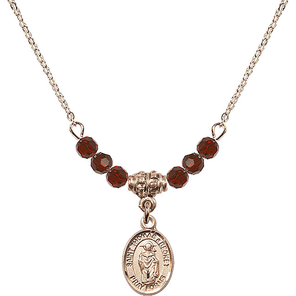 14kt Gold Filled Saint Thomas A Becket Birthstone Necklace with Garnet Beads - 9344