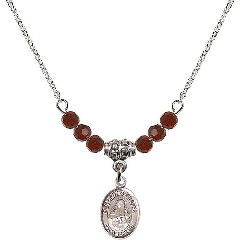 Sterling Silver Our Lady of Grapes Birthstone Necklace with Garnet Beads - 9347