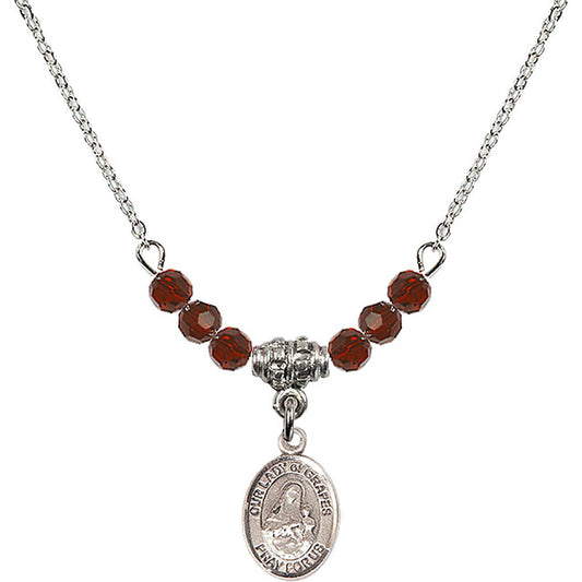 Sterling Silver Our Lady of Grapes Birthstone Necklace with Garnet Beads - 9347