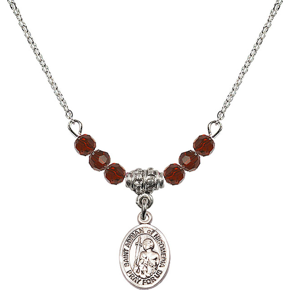Sterling Silver Saint Adrian of Nicomedia Birthstone Necklace with Garnet Beads - 9353