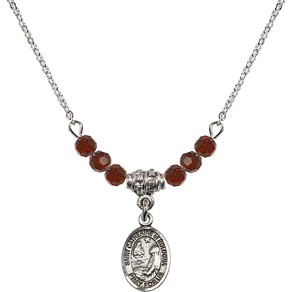 Sterling Silver Saint Catherine of Bologna Birthstone Necklace with Garnet Beads - 9354