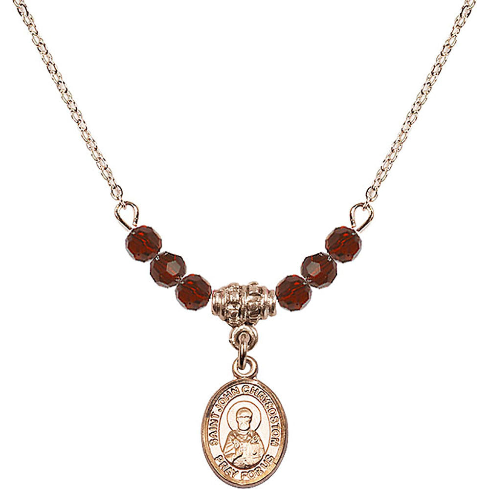 14kt Gold Filled Saint John Chrysostom Birthstone Necklace with Garnet Beads - 9357