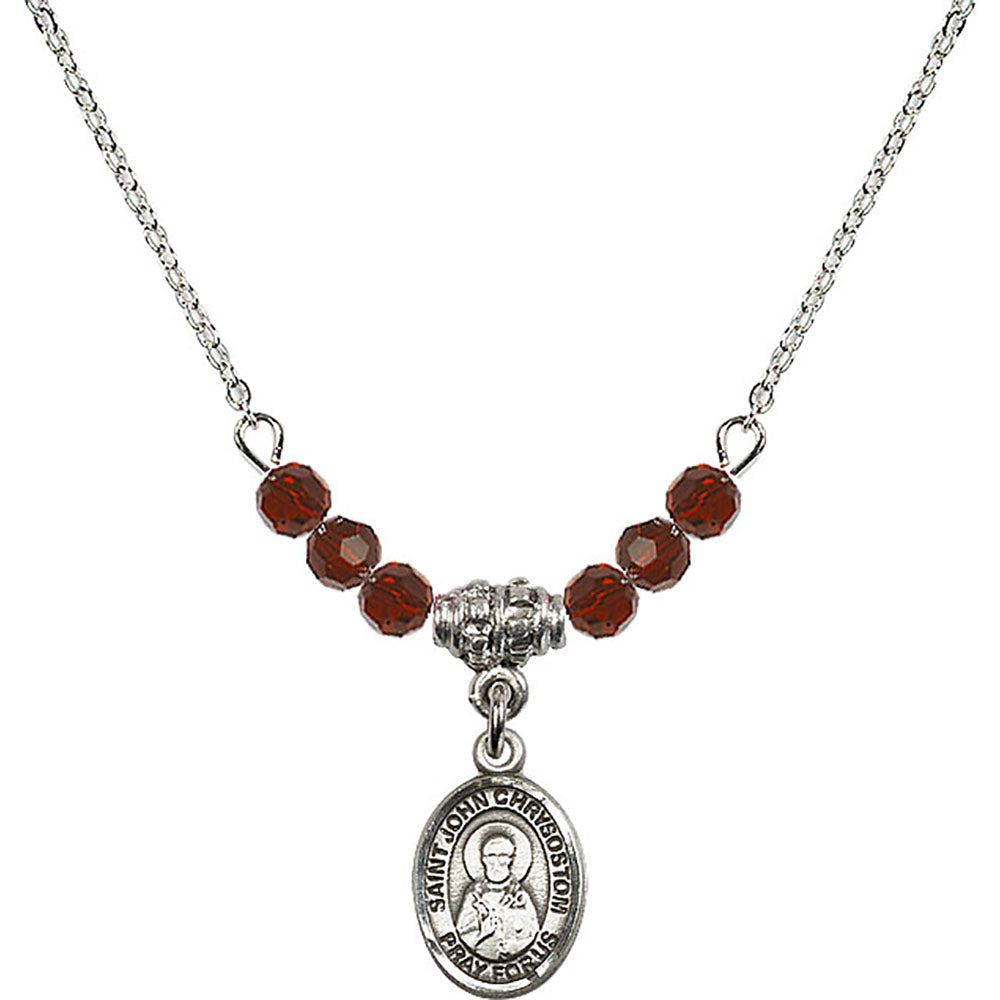Sterling Silver Saint John Chrysostom Birthstone Necklace with Garnet Beads - 9357