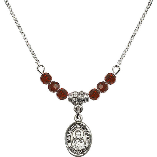 Sterling Silver Saint John Chrysostom Birthstone Necklace with Garnet Beads - 9357