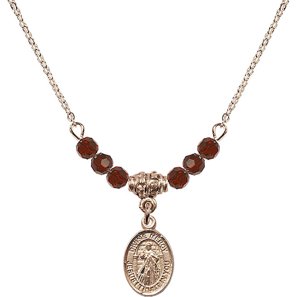 14kt Gold Filled Divine Mercy Birthstone Necklace with Garnet Beads - 9366
