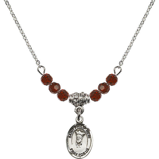 Sterling Silver Saint Philip Neri Birthstone Necklace with Garnet Beads - 9369