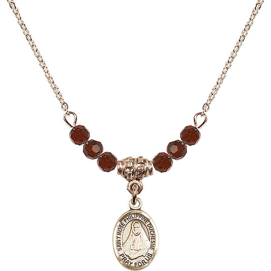 14kt Gold Filled Saint Rose Philippine Duchesne Birthstone Necklace with Garnet Beads - 9371