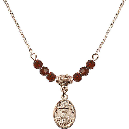 14kt Gold Filled Saint Andrew Kim Taegon Birthstone Necklace with Garnet Beads - 9373