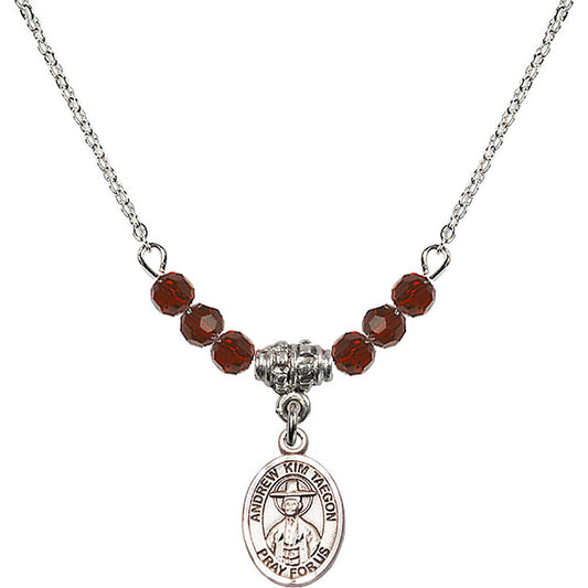 Sterling Silver Saint Andrew Kim Taegon Birthstone Necklace with Garnet Beads - 9373