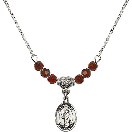 Sterling Silver Saint Uriel the Archangel Birthstone Necklace with Garnet Beads - 9378