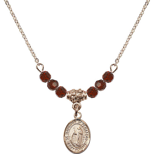 14kt Gold Filled Saint Raymond of Penafort Birthstone Necklace with Garnet Beads - 9385