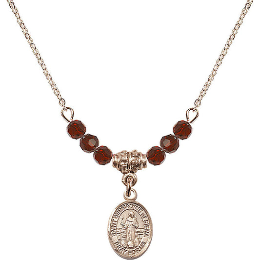 14kt Gold Filled Saint Bernadine of Sienna Birthstone Necklace with Garnet Beads - 9387