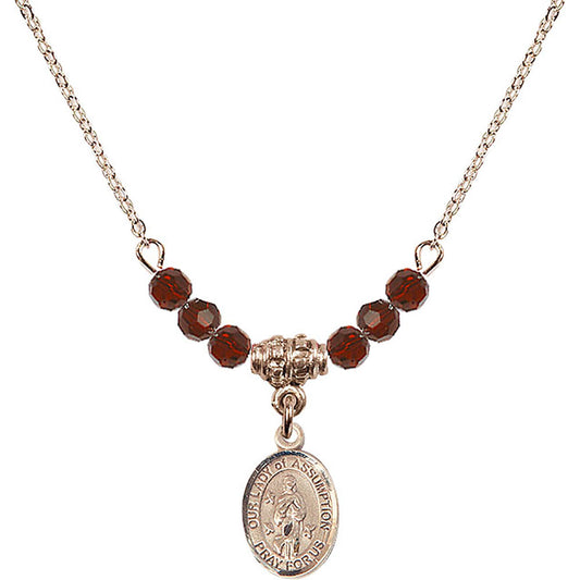 14kt Gold Filled Our Lady of Assumption Birthstone Necklace with Garnet Beads - 9388