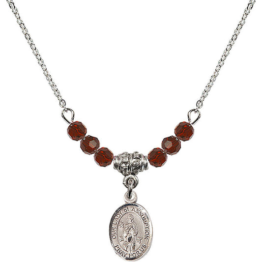 Sterling Silver Our Lady of Assumption Birthstone Necklace with Garnet Beads - 9388