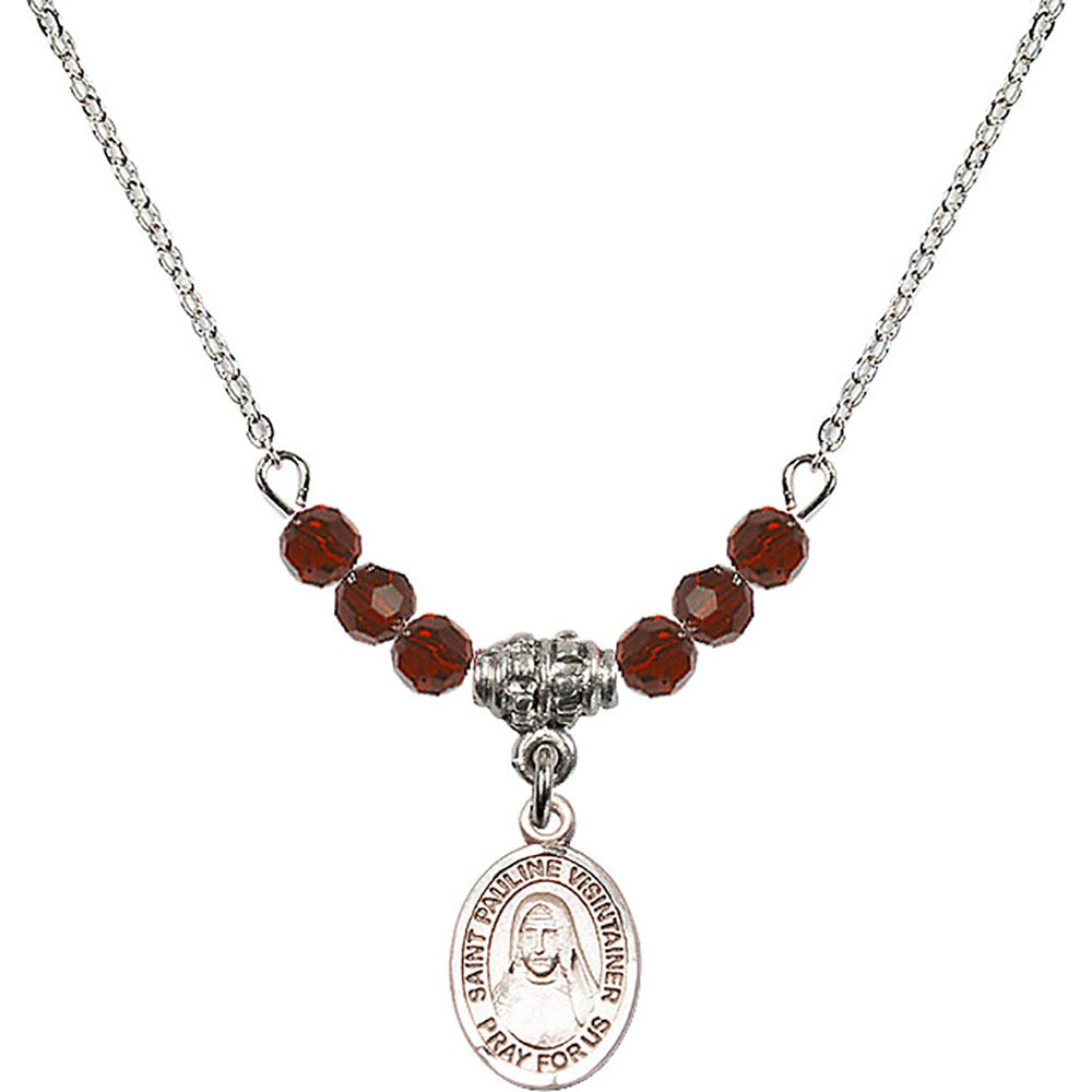 Sterling Silver Saint Pauline Visintainer Birthstone Necklace with Garnet Beads - 9391