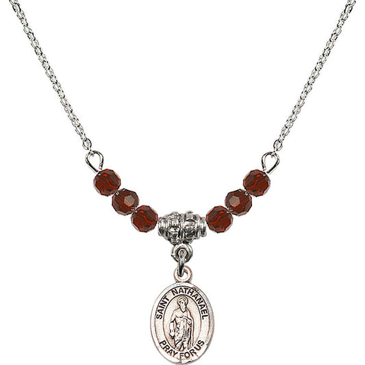 Sterling Silver Saint Nathanael Birthstone Necklace with Garnet Beads - 9398
