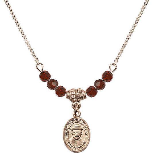 14kt Gold Filled Saint Damien of Molokai Birthstone Necklace with Garnet Beads - 9412