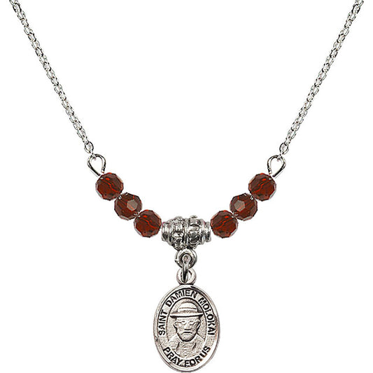 Sterling Silver Saint Damien of Molokai Birthstone Necklace with Garnet Beads - 9412