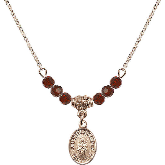 14kt Gold Filled Our Lady of Rosa Mystica Birthstone Necklace with Garnet Beads - 9413