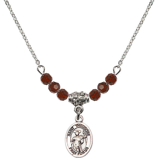 Sterling Silver Saint Theodore Stratelates Birthstone Necklace with Garnet Beads - 9415
