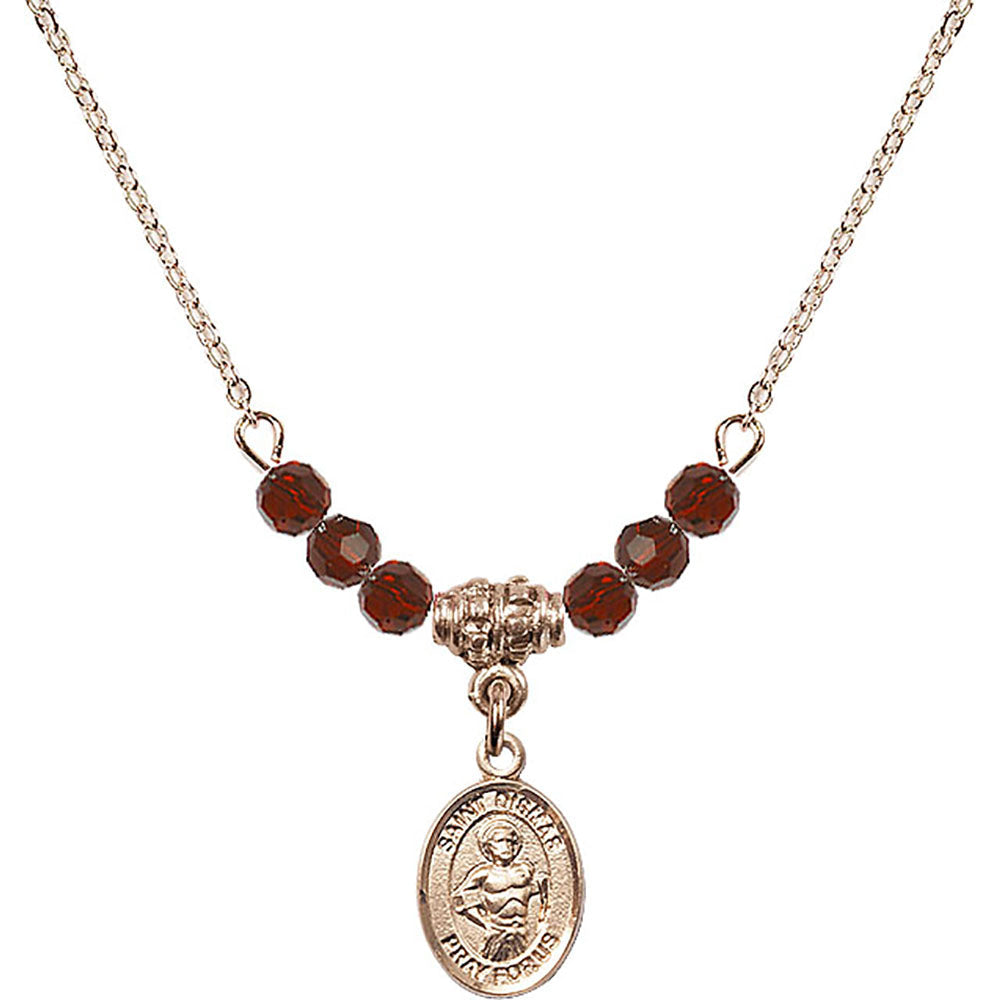 14kt Gold Filled Saint Dismas Birthstone Necklace with Garnet Beads - 9418