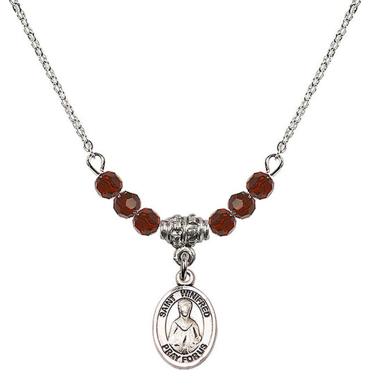 Sterling Silver Saint Winifred of Wales Birthstone Necklace with Garnet Beads - 9419