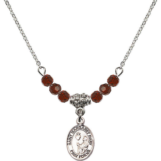 Sterling Silver Saint Margaret Mary Alacoque Birthstone Necklace with Garnet Beads - 9420