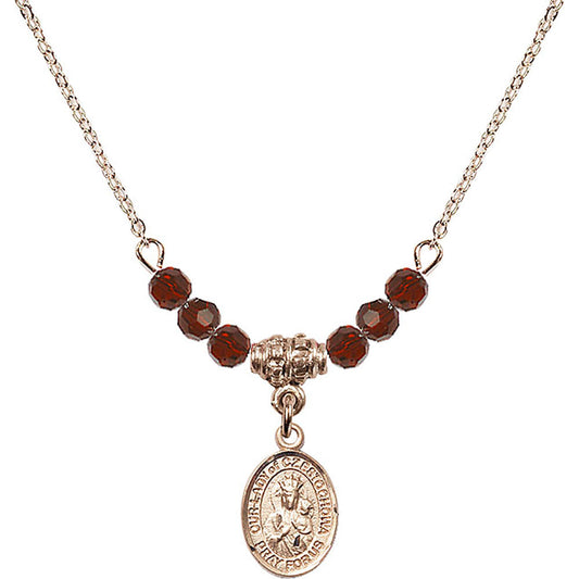 14kt Gold Filled Our Lady of Czestochowa Birthstone Necklace with Garnet Beads - 9421