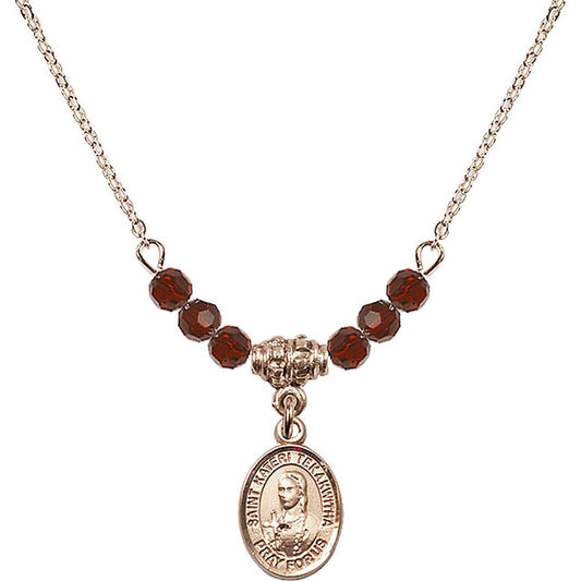 14kt Gold Filled Saint Kateri Tekakwitha Birthstone Necklace with Garnet Beads - 9438