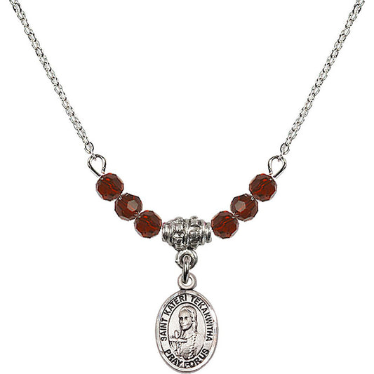 Sterling Silver Saint Kateri Tekakwitha Birthstone Necklace with Garnet Beads - 9438