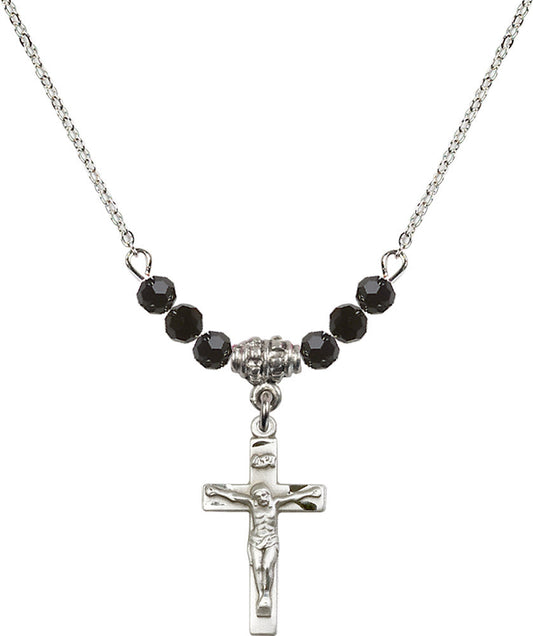 Sterling Silver Crucifix Birthstone Necklace with Jet Beads - 0001