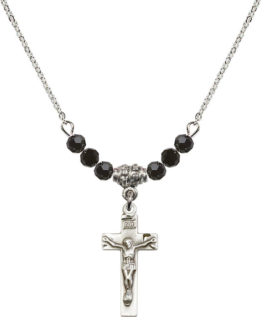 Sterling Silver Crucifix Birthstone Necklace with Jet Beads - 0006