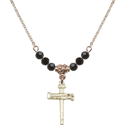 14kt Gold Filled Nail Cross Birthstone Necklace with Jet Beads - 0012