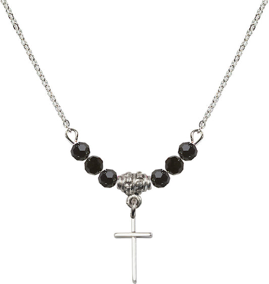 Sterling Silver Cross Birthstone Necklace with Jet Beads - 0014