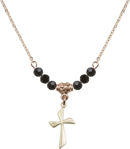 14kt Gold Filled Cross Birthstone Necklace with Jet Beads - 0016