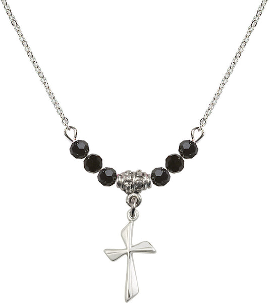 Sterling Silver Cross Birthstone Necklace with Jet Beads - 0016