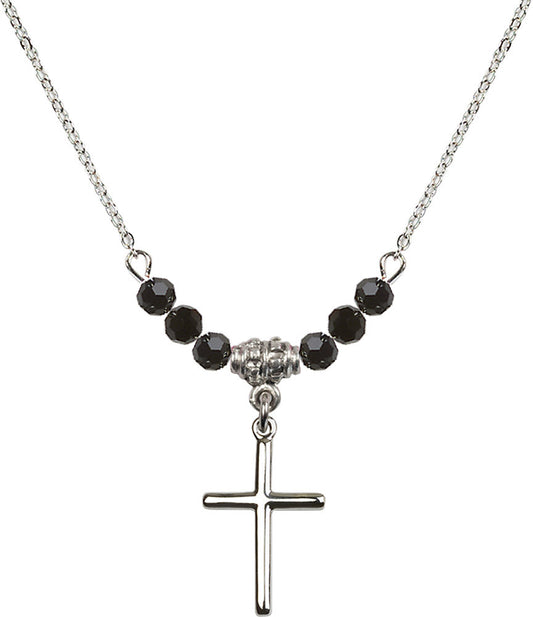 Sterling Silver Cross Birthstone Necklace with Jet Beads - 0017