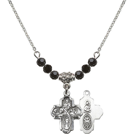 Sterling Silver 4-Way Birthstone Necklace with Jet Beads - 0047