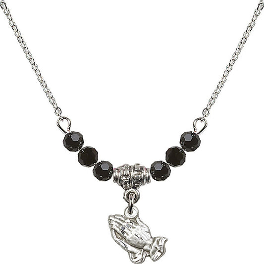 Sterling Silver Praying Hands Birthstone Necklace with Jet Beads - 0220