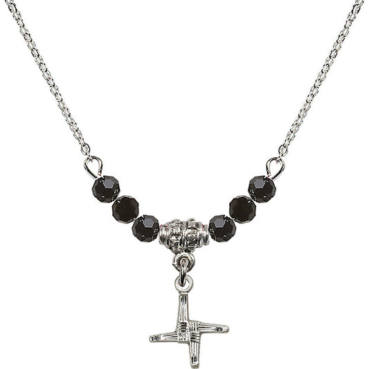 Sterling Silver Saint Brigid Cross Birthstone Necklace with Jet Beads - 0291