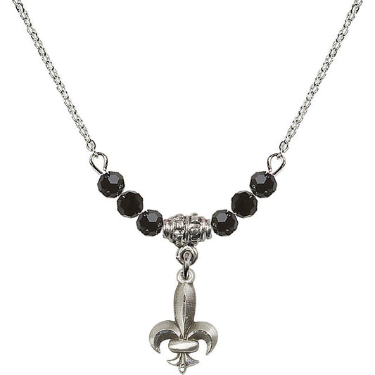 Sterling Silver Fleur de Lis Birthstone Necklace with Jet Beads - 0293