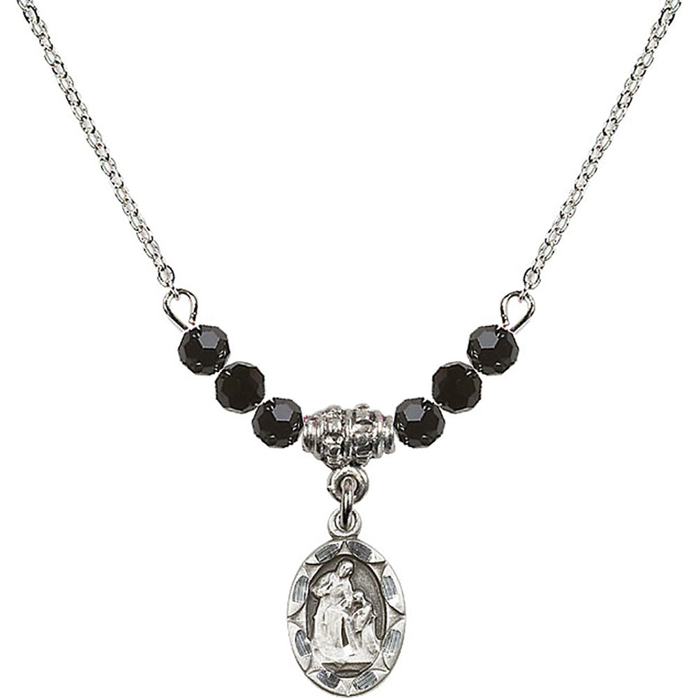 Sterling Silver Saint Ann Birthstone Necklace with Jet Beads - 0301