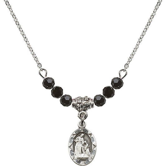 Sterling Silver Saint Ann Birthstone Necklace with Jet Beads - 0301