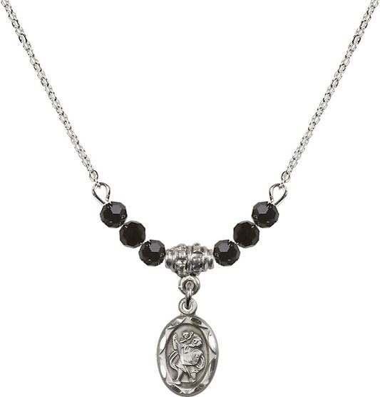 Sterling Silver Saint Christopher Birthstone Necklace with Jet Beads - 0301