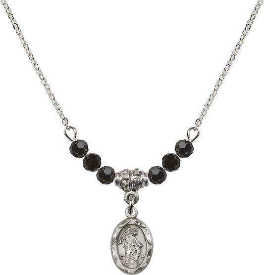 Sterling Silver Guardian Angel Birthstone Necklace with Jet Beads - 0301