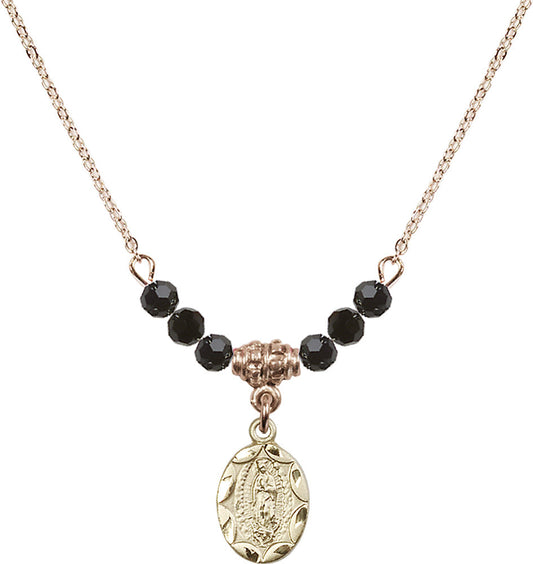 14kt Gold Filled Our Lady of Guadalupe Birthstone Necklace with Jet Beads - 0301