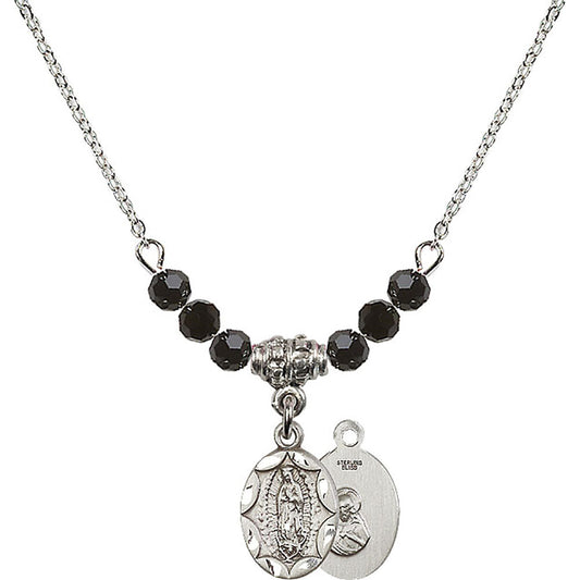 Sterling Silver Our Lady of Guadalupe Birthstone Necklace with Jet Beads - 0301