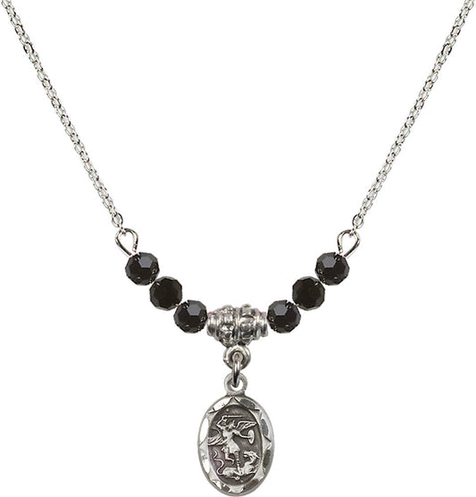 Sterling Silver Saint Michael the Archangel Birthstone Necklace with Jet Beads - 0301